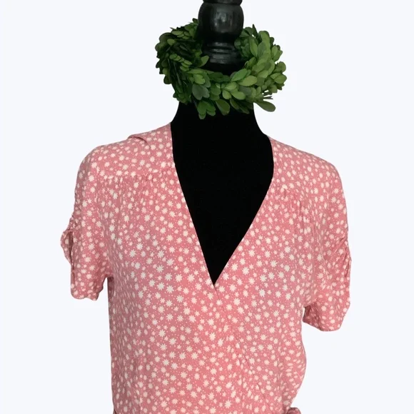 & Other Stories Pink Floral V Neck Wrap Midi Dress Ruched Puffed Sleeves SZ 6 - Picture 5 of 14